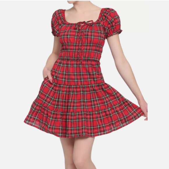 Hot Topic Red Plaid Tie-Front Babydoll Dress M - Picture 1 of 7